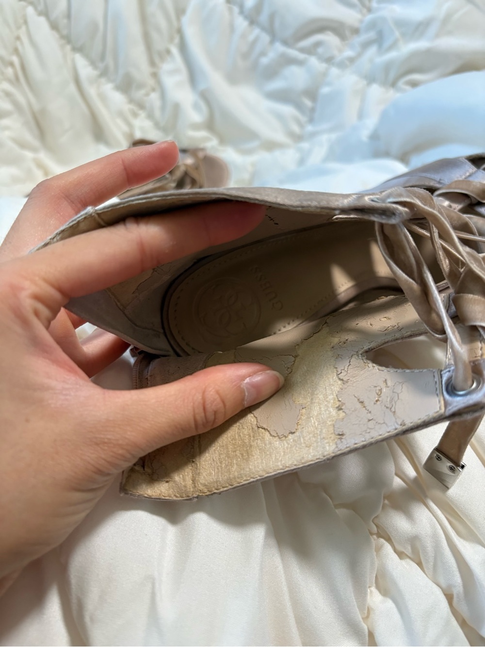 Guess Vintage Y2K Champagne Satin Peep Toe Ballet Lace-Up Stiletto Heels - Picture 8 of 9